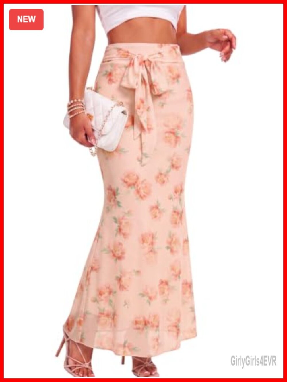 Mesh Maxi Skirt High Waisted Floral Print Lettuce Trim Tie Waist